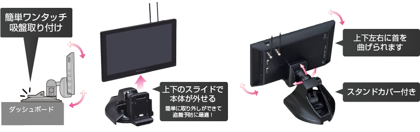 取り付け簡単な吸盤スタンドを採用