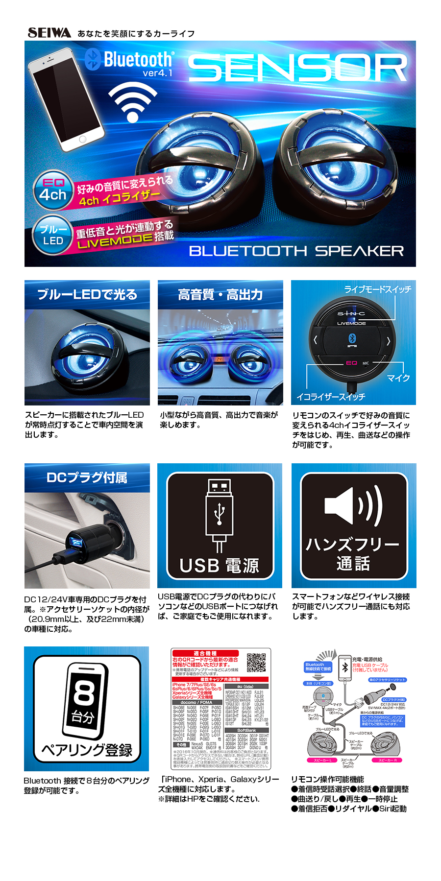 Bluetoothサウンドセンサースピーカー カー用品のセイワ